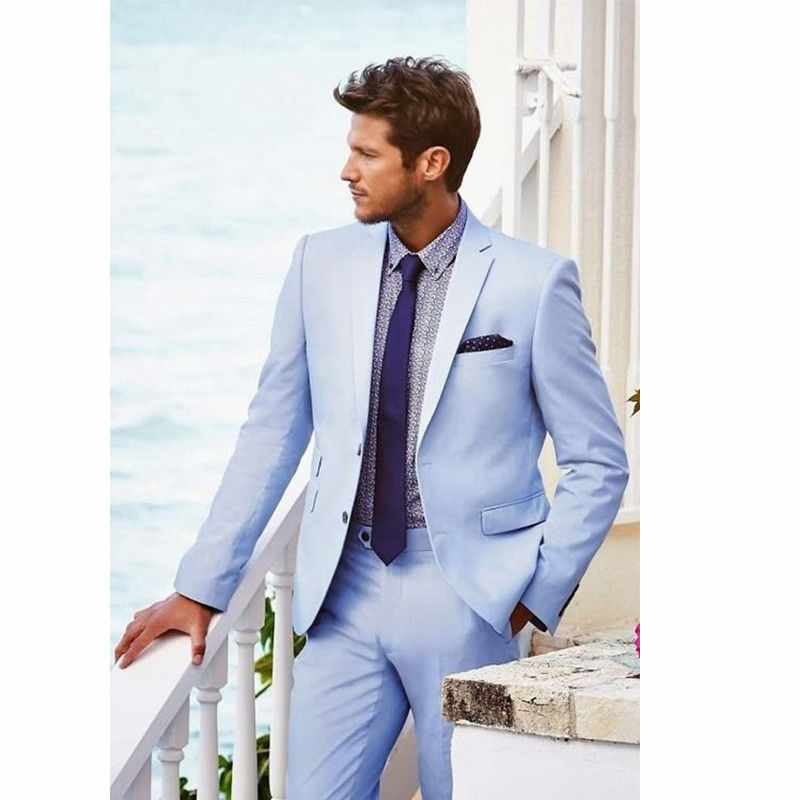 men&s wedding dress Sky Blue Mens Groom Tuxedo best man suit 2 Piece Slim Fit Groomsman Party Suits